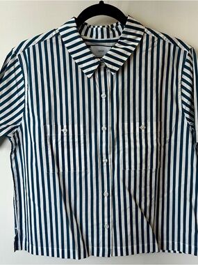Onia womens Navy and White Striped Button-Down Shirt